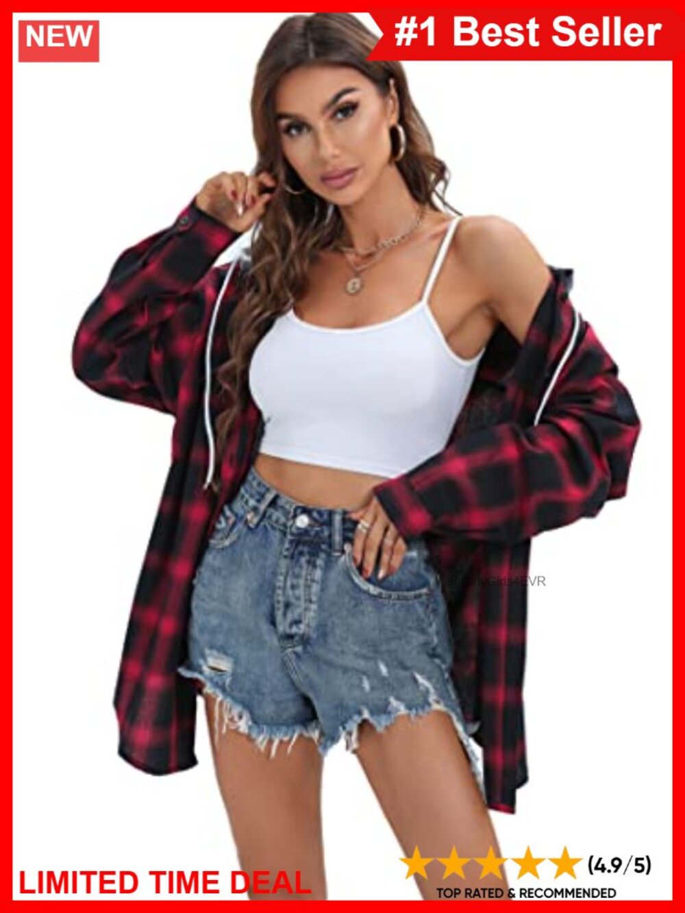Womens Plaid Flannel Hoodie Oversized Button Down Shirt Jacket Cotton Blend